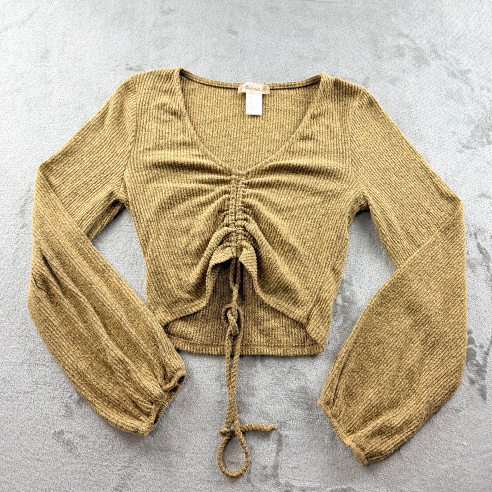 Altar'd State Women's Small Brown Long Sleeve Ribbed Cinched Front Crop Top